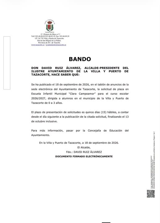 Abierto el plazo de solicitud de plaza en la Escuela Infantil Municipal Clara Campoamor para el curso 2026/2027